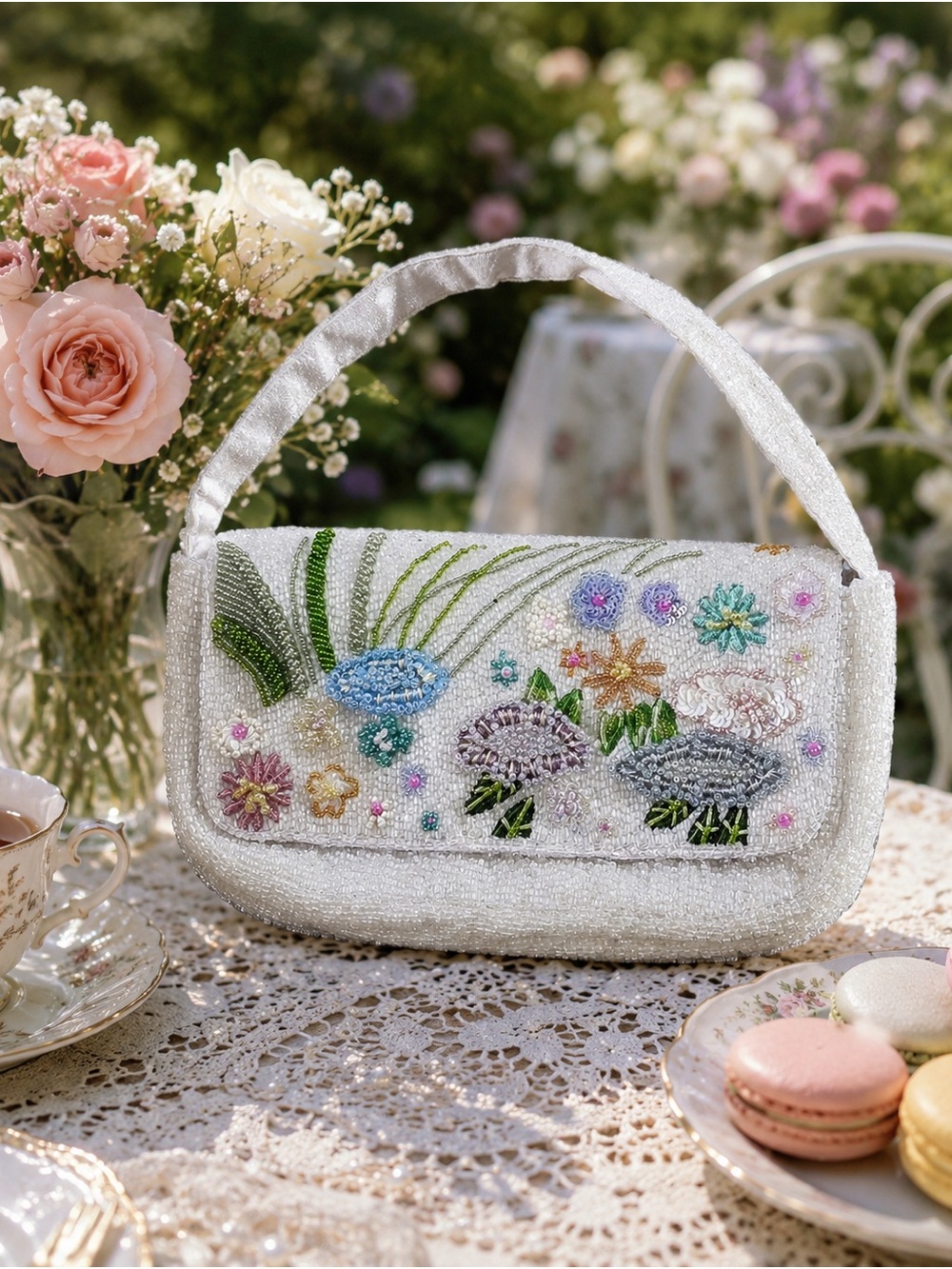 Vintage Bloomingdale’s Hand Beaded Floral Evening Shoulder Bag Bridal Garden